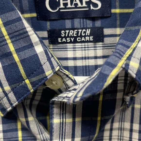 Chaps Men’s Medium Blue White Yellow Plaid Long Sleeve Button Down Stretch Shirt - Picture 9 of 10